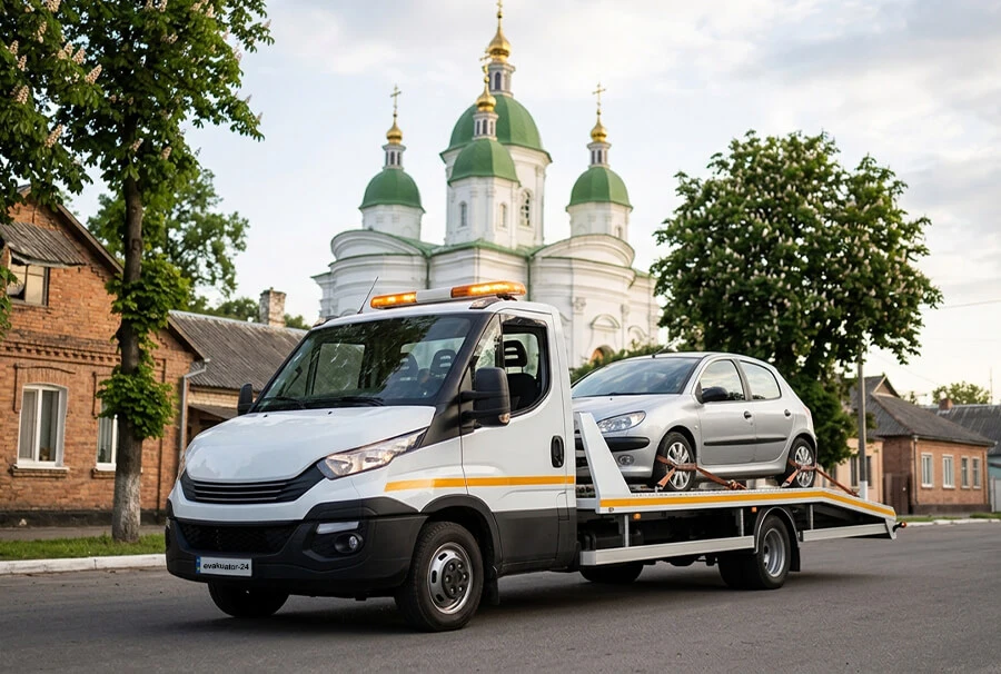 Евакуатор з легковим автомобілем на платформі у Василькові