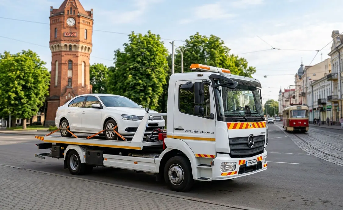 Евакуатор везе білий седан повз водонапірну вежу у Вінниці