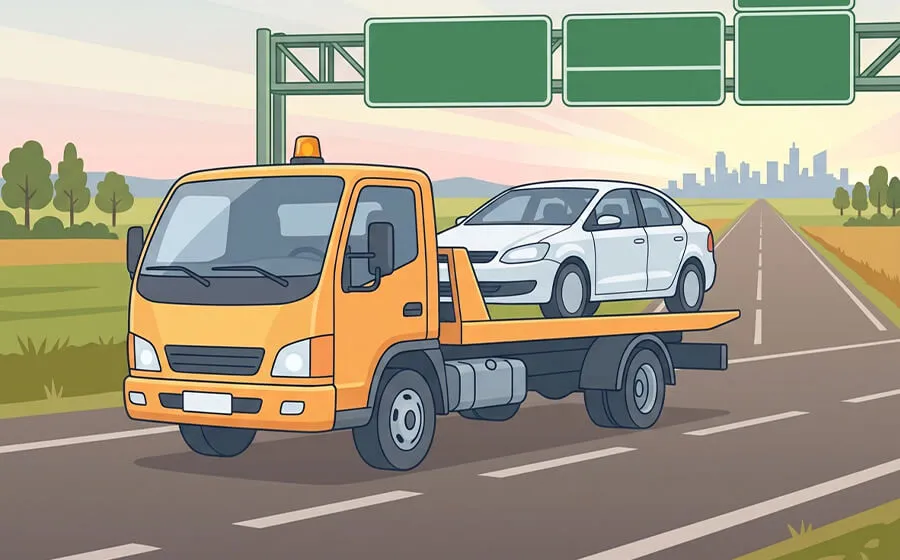 Евакуатор з автомобілем на заміській трасі